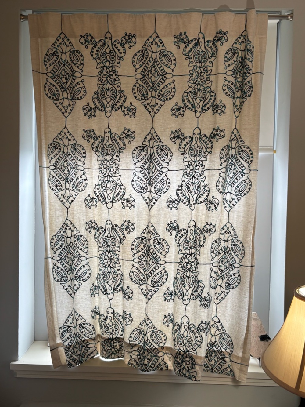 Anthropologie Cream Curtain Panels with Teal Embroidery